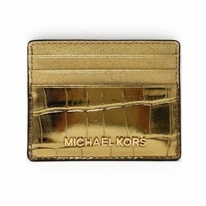 Michael Kors Jet Set Crocodile Embossed Leather Card Case In Gold